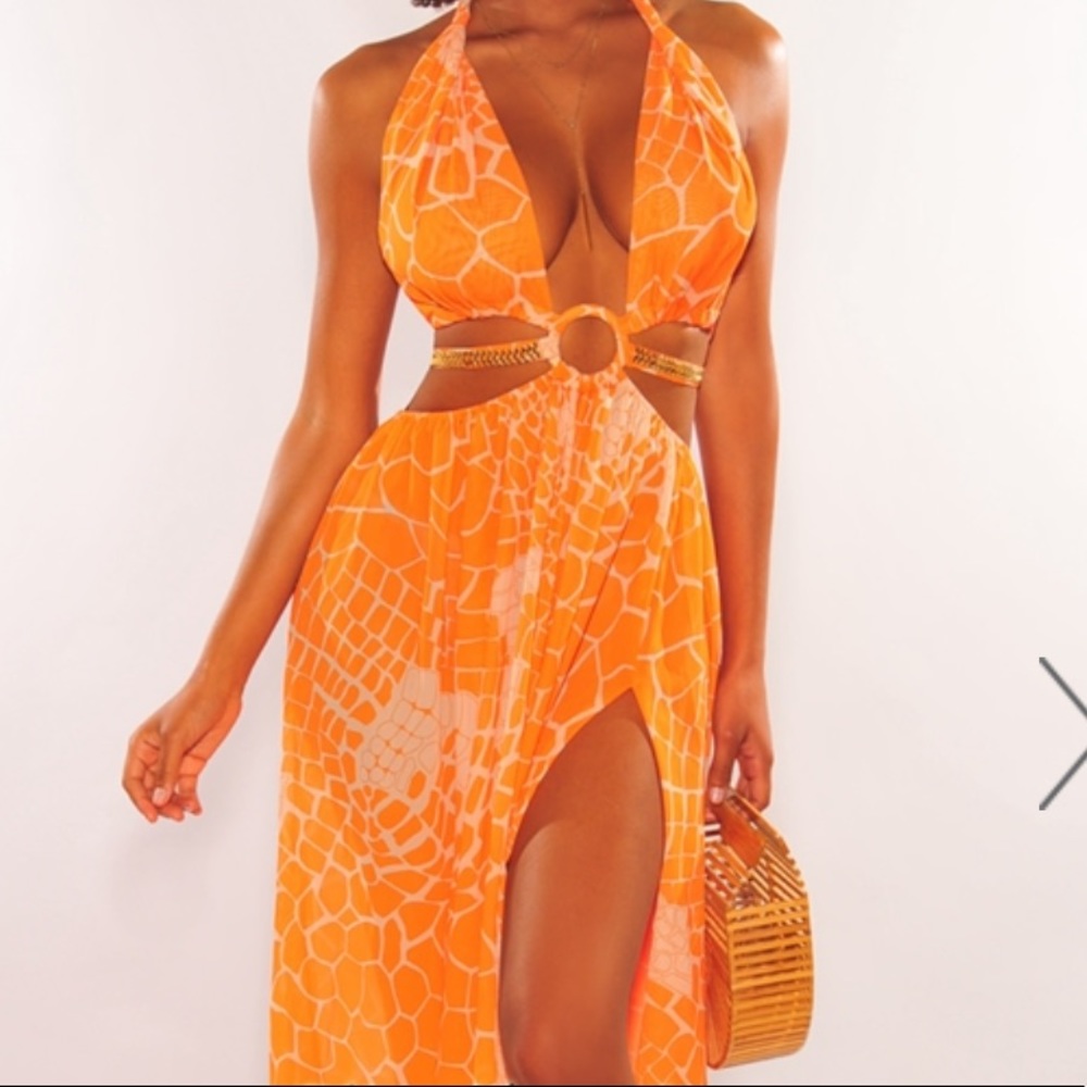 Orange Chain Giraffe Print Maxi dress size Large